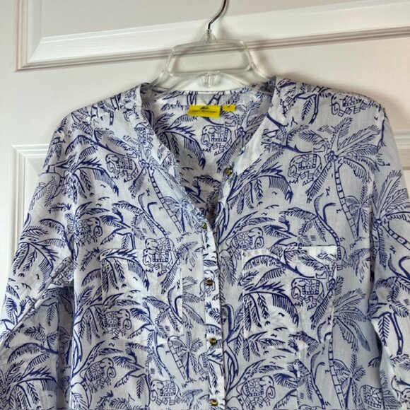 Roberta Roller Rabbit Blue White Palm Elephant Print Button Front Blouse Medium - Picture 6 of 8